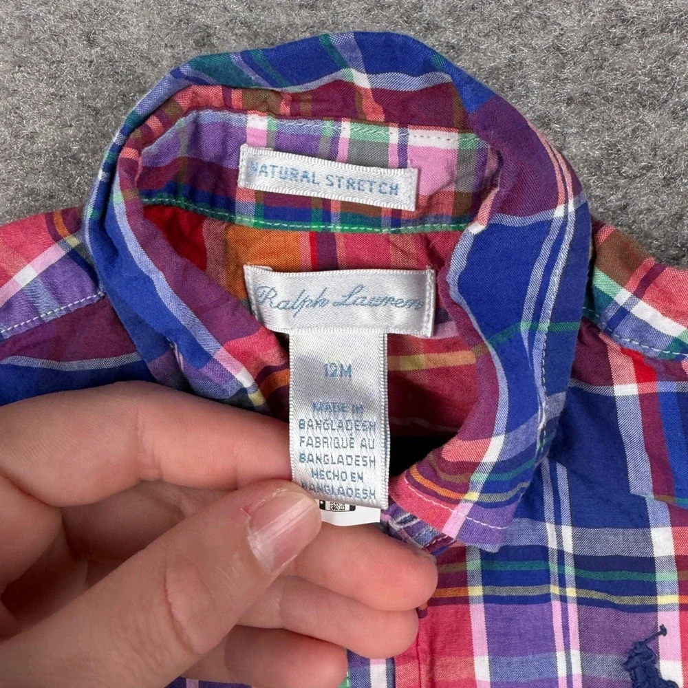 Ralph Lauren Button Down Shirt Unisex 12 Month Multi-Color Plaid Madras Preppy
